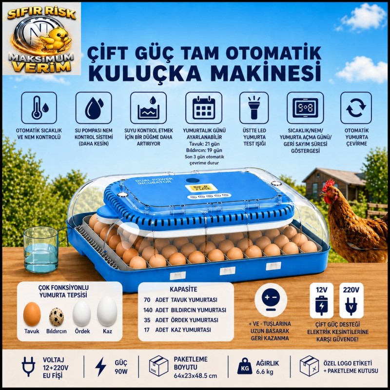 70 lik Çift Güç Tam Otomatik Kuluçka Makinesi